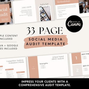 May include: A 33-page social media audit template with a pink and white color scheme. The template includes sections for competitive analysis, SWOT analysis, key findings, and strengths. The text "Made in Canva" is visible in the upper right corner of the image.