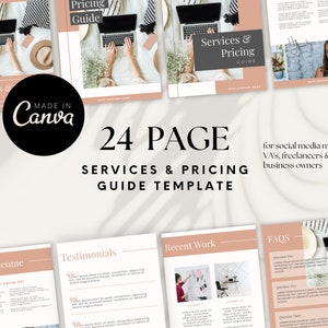 May include: A 24-page Services & Pricing Guide Template in a soft peach and white color scheme. The guide is designed for social media managers, VAs, freelancers, and small business owners. The Canva logo is visible.