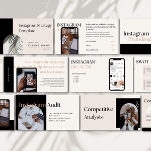 May include: A presentation slide deck with a black and white color scheme. The slides contain text about Instagram strategy, branding, and bio audits. The text includes the words "Instagram Strategy Template", "Instagram Branding", "Instagram Bio Audit", "Competitive Analysis", and "SWOT Analysis".