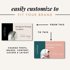 May include: A before and after image showing how to customize an Instagram strategy template. The original template has a black and white design with a leaf image. The customized template has a teal and pink design with a woman taking a selfie. The text on both templates reads "Instagram Strategy Template", "Presented by Your Brand", "Created for Client Name", and the date.