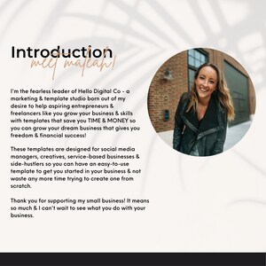May include: A woman smiles at the camera while standing in front of a brick wall. The text "Introduction meet maLeah!" is at the top of the image. The text below the woman's image describes the woman as the fearless leader of Hello Digital Co. - a marketing & template studio born out of her desire to help aspiring entrepreneurs & freelancers like you grow your business & skills with templates that save you TIME & MONEY so you can grow your dream business that gives you freedom & financial success!"