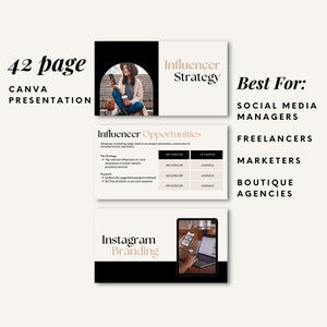 May include: A 42-page Canva presentation titled "Influencer Strategy" with a black and white color scheme. The presentation is designed for social media managers, freelancers, marketers, and boutique agencies. The presentation includes a section on "Influencer Opportunities" and "Instagram Branding".