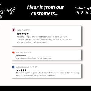 May include: Screenshot of a website with customer reviews for Etsy shop templates. The reviews are positive and highlight the ease of use and customization of the templates. The text includes the words "Amazing template!" and "Super fun and easy to use!"