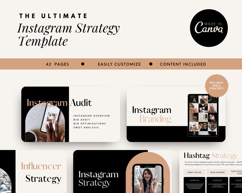 May include: A digital marketing template for Instagram strategy with 42 pages. The template includes sections for Instagram audit, branding, influencer strategy, and hashtag strategy. The template is easily customizable and includes a reels strategy.