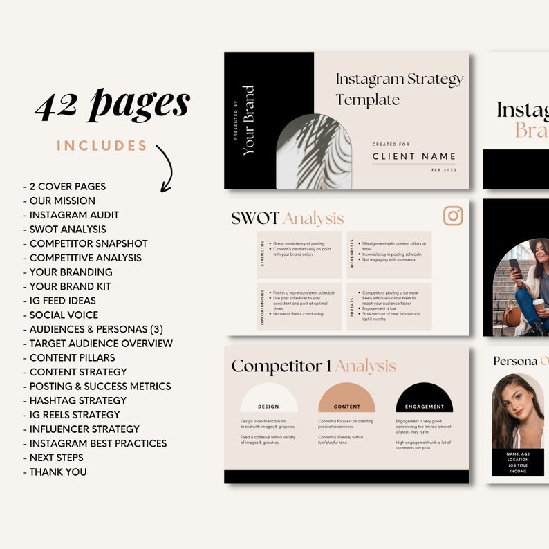 May include: A beige and black digital marketing template for Instagram strategy. The template includes a SWOT analysis, competitor analysis, and persona analysis. The template is designed for a client named "CLIENT NAME" and is dated "FEB 2023".