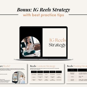 May include: A laptop screen displaying a presentation about Instagram Reels strategy. The presentation includes a title slide with the text "IG Reels Strategy" and a slide with the text "Reels Content Strategy" with a table listing different content categories and examples of each. The presentation also includes a slide with the text "Reels Posting Strategy" with a table listing posting frequency, timing, and success metrics.