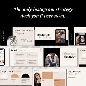 May include: A presentation slide deck with a black and white background. The title of the presentation is "The only Instagram strategy deck you'll ever need." The slides include topics such as Instagram strategy template, SWOT analysis, competitor analysis, influencer strategy, and Instagram bio audit.