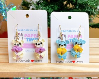 Bear with Flowers Paper Earrings Handmade