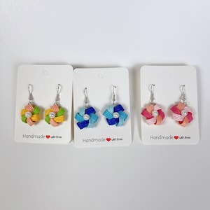 Colorful Paper Flower Earrings with Pearl – Handmade Lightweight Dangle Jewelry