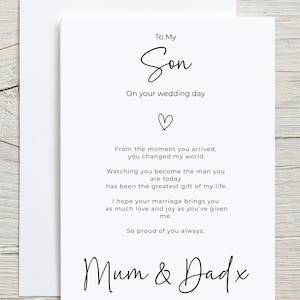 To My Son on Your Wedding Day – Personalised Wedding Card – A6 or A5 – From Mum or Dad – Sentimental Keepsake
