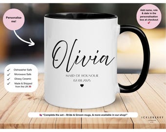 Personalised Maid of Honour Mug – Custom Name and Date | Bridal Party Gift | Wedding Keepsake | Bridesmaid and Bride Mugs Available