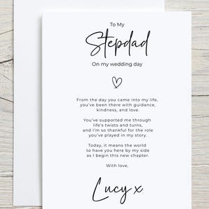 May include: A white wedding card with the message "To My Stepdad On my wedding day" in a handwritten font. The card features a heart symbol and a personal message, signed "Lucy x".