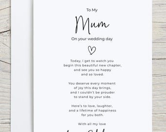 To My Mum on Your Wedding Day Card, Mum Getting Married Card, Wedding Keepsake Card from Son or Daughter