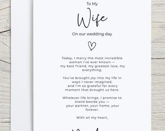 To My Wife on Our Wedding Day – Wedding Morning Card from Groom – A6 or A5 – Personalised Romantic Wedding Gift Keepsake