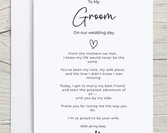 Para o meu noivo no dia do nosso casamento – Cartão da manhã do casamento da noiva – Cartão personalizado A6 ou A5 – Presente de casamento sentimental