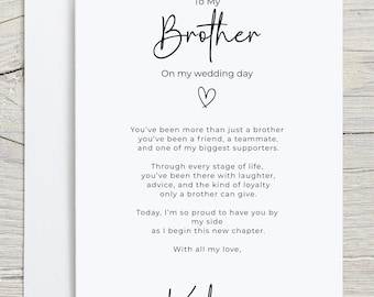 May include: A white wedding card with the text "To My Brother" in elegant script. The card includes a heartfelt message and is signed "Katie x". The card is placed inside a white envelope.