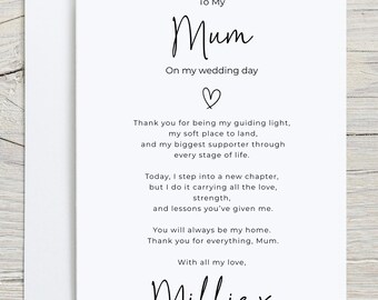 Peut inclure: Une carte blanche avec l'inscription "To My Mum" en écriture cursive. La carte contient un message pour un jour de mariage, exprimant de la gratitude. Le nom "Millie" est écrit en bas.