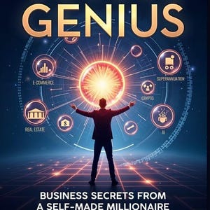 Könnte beinhalten: Buchcover mit dem Titel "BUBBLE GENIUS" in Goldbuchstaben. Eine Silhouette steht mit ausgestreckten Armen vor einem leuchtenden Globus, umgeben von Symbolen für E-Commerce, Immobilien und Krypto.