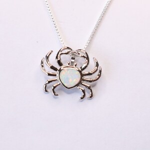 May include: A silver necklace with a white opal crab pendant.
