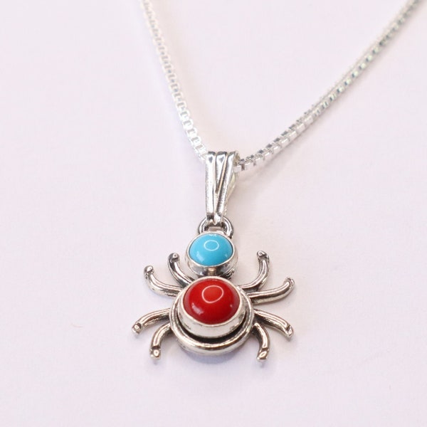 Turquoise and Coral Spider Pendant Necklace | Turquoise Spider | Halloween Jewelry | Insect | Sterling Silver | Made in USA