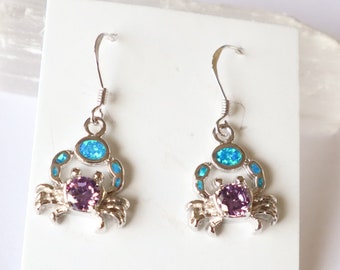 Blue Opal and Purple Crab Earrings | Drop Down Earrings | Dangle | Oceanography | Sterling Silver | Stunning