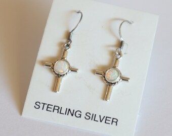White Opal Cross Earrings | Cross Jewelry | Sterling Silver Earrings With White Opal | White Opal Jewelry