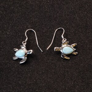 May include: A pair of silver dangle earrings featuring a blue opal turtle charm.