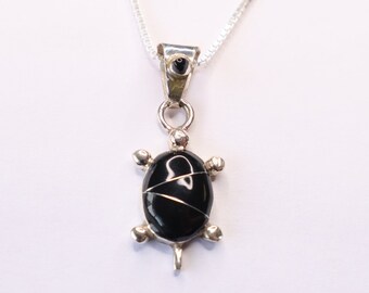 Onyx Turtle Inlay Pendant Necklace | Reptile Inlay | Pendant Necklace | Sterling Silver | Turtle Necklace