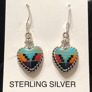 Heart inlay earrings/handmade design /mosiac designs/ multicolor jewelry/ Heart jewelry /inlay designs/ dangle earrings/ Made in USA