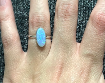 Long oval light blue opal rings/ handmade/.925 sterling silver/ ring band/ fire opal  jewelry/ opal ring jewelry