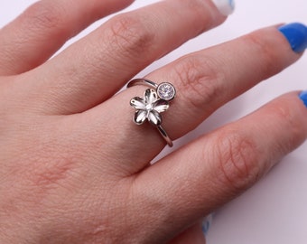Floral Adjustable Ring with Rhinestone | Spinner Ring | Stunning | Gift for her | Sterling Silver Ring | Dainty Adjustable Ring