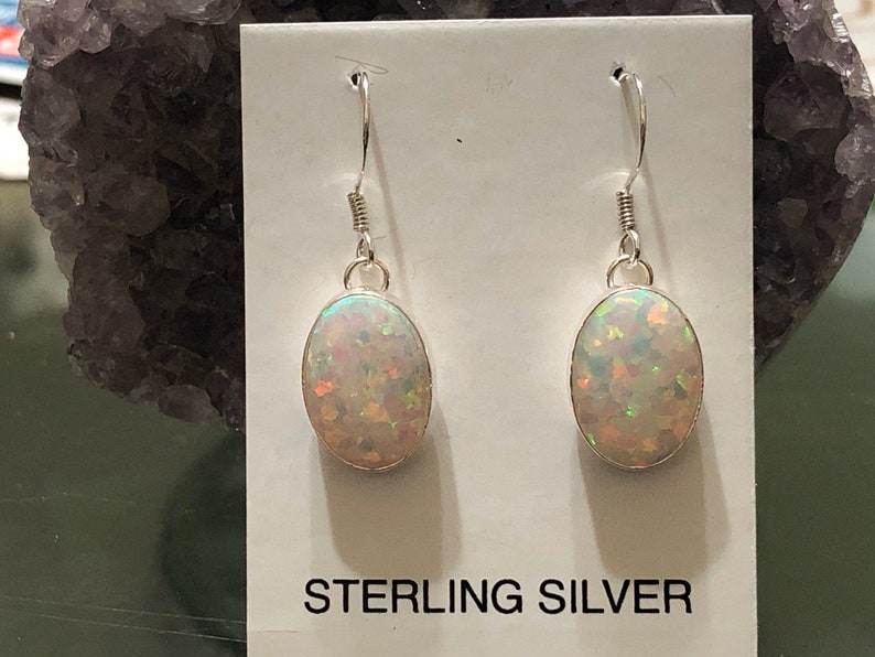 Medium oval white opal earrings dangle earrings southwestern jewelry .925 sterling silver opal earrings opal jewelry