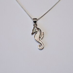 May include: A silver necklace with a white opal seahorse pendant.