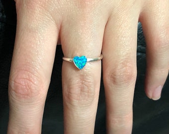 Small blue opal heart/ .925 Sterling Silver/ handmade/ Blue Opal ring band/ Dainty/ southwestern/ opal jewelry
