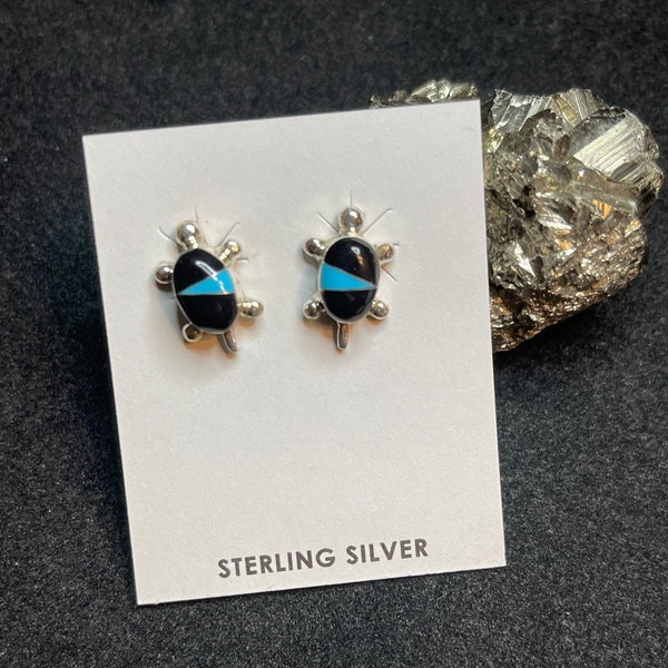 Turquoise / Onyx inlay Turtle Studs | Stud Earrings | Post Earrings | Sterling Silver | Aquatic Jewelry