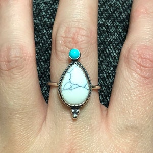 Large teardrop ring/ white turquoise/ white buffalo ring with turquoise stone/ turquoise jewelry/ stunning turquoise/ Made in USA