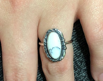 Long white turquoise ring/.925 Sterling silver ring band/ white turquoise/ white buffalo/ long oval design/ handmade/ turquoise ring