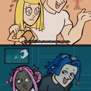 Puede incluir: Una ilustraci&oacute;n de dibujos animados de dos parejas. La primera pareja es un hombre con cabello rojo y una mujer con cabello rubio. La segunda pareja es un hombre con cabello azul y una mujer con cabello rosado. El texto de la imagen dice "No te preocupes, cari&ntilde;o, estos ciervos no son aggressiv-" y "[Otaku BF]: &iquest;Alguna vez te has preguntado si estamos juntos en otra realidad? [Nerd GF]: Diariamente"