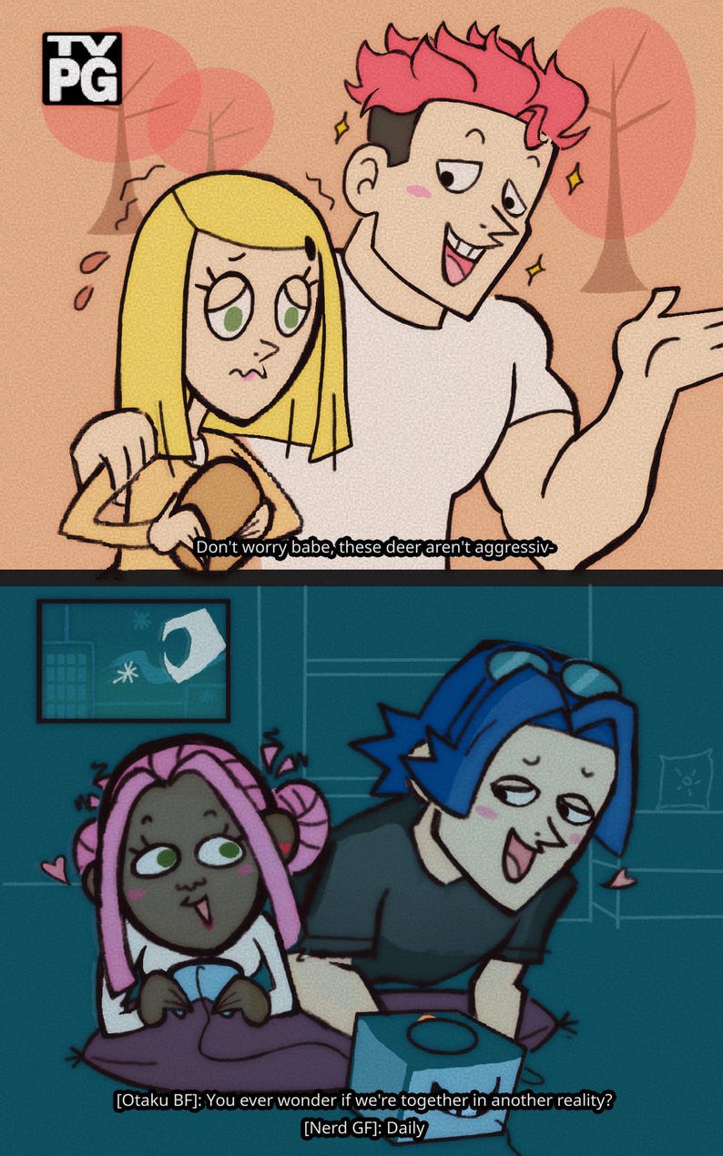 Puede incluir: Una ilustraci&oacute;n de dibujos animados de dos parejas. La primera pareja es un hombre con cabello rojo y una mujer con cabello rubio. La segunda pareja es un hombre con cabello azul y una mujer con cabello rosado. El texto de la imagen dice "No te preocupes, cari&ntilde;o, estos ciervos no son aggressiv-" y "[Otaku BF]: &iquest;Alguna vez te has preguntado si estamos juntos en otra realidad? [Nerd GF]: Diariamente"