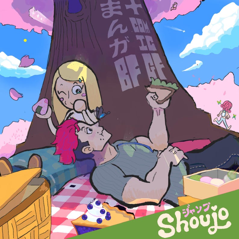 Puede incluir: Una ilustraci&oacute;n de dibujos animados de una escena de picnic con dos personas bajo un &aacute;rbol. El &aacute;rbol tiene un letrero que dice "COM.IC BF GF まんがカフェ". Las personas est&aacute;n disfrutando de un picnic con comida y bebidas. La ilustraci&oacute;n est&aacute; en un estilo colorido con un fondo rosa y azul.