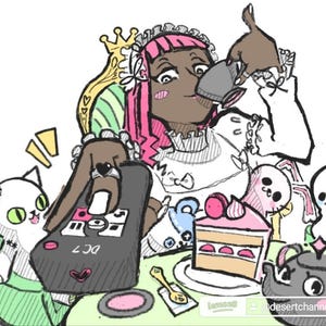 Puede incluir: Una ilustraci&oacute;n de dibujos animados de una persona con cabello rosado que lleva un vestido blanco y una corona, sentada en un trono y sosteniendo un mando de videojuego. La persona est&aacute; bebiendo de una taza de t&eacute; y hay un pastel rosa con cerezas en la parte superior, una tetera y varios animales de peluche en la mesa.