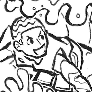 Puede incluir: Una ilustraci&oacute;n de dibujos animados en blanco y negro de una persona con una gran sonrisa, vistiendo una camisa y nadando en un patr&oacute;n ondulado y abstracto.