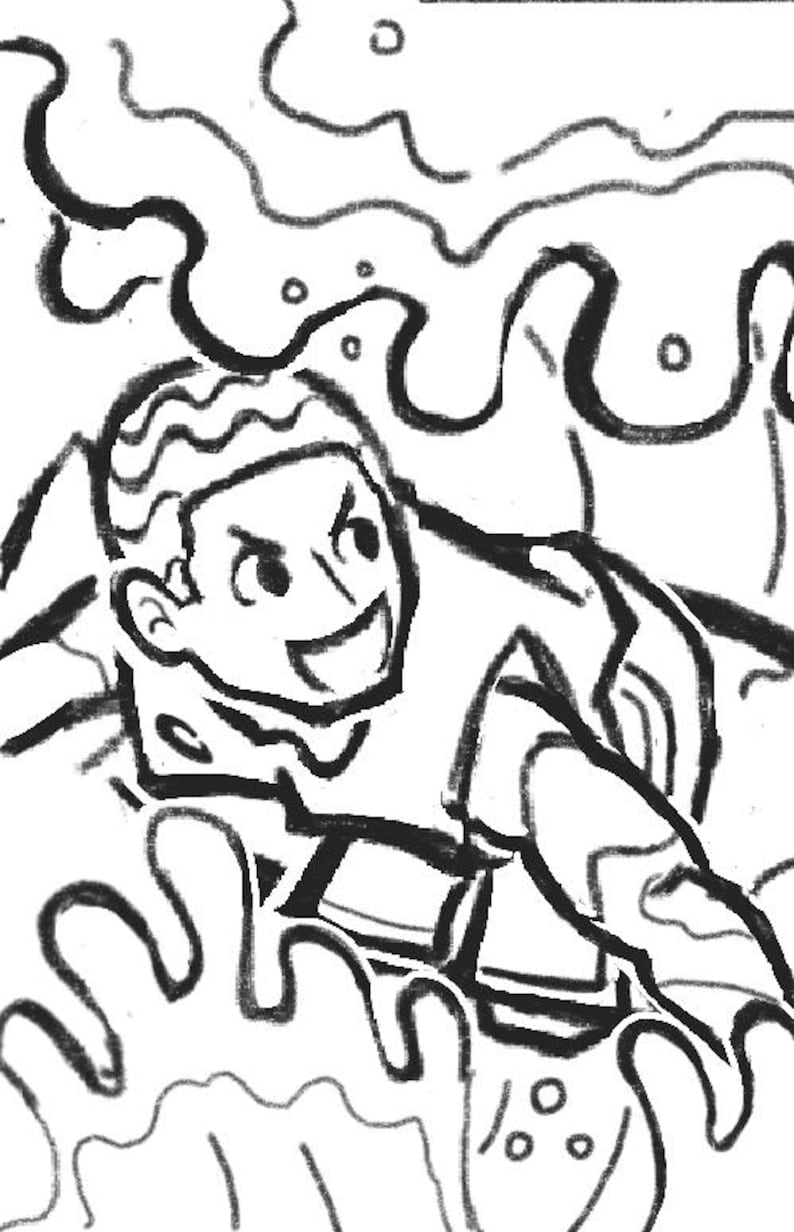Puede incluir: Una ilustraci&oacute;n de dibujos animados en blanco y negro de una persona con una gran sonrisa, vistiendo una camisa y nadando en un patr&oacute;n ondulado y abstracto.