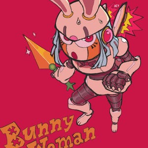Puede incluir: Una ilustraci&oacute;n de dibujos animados de una mujer conejo con orejas rosas, una diadema dorada y un cuchillo de zanahoria. Lleva un atuendo rosa y blanco con un patr&oacute;n de rayas rojas y blancas. El texto "Bunny Woman" est&aacute; escrito en letras naranjas debajo de ella.