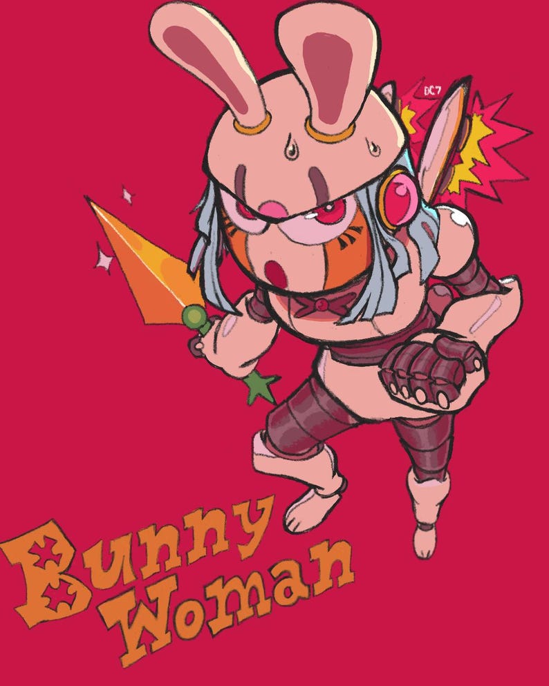 Puede incluir: Una ilustraci&oacute;n de dibujos animados de una mujer conejo con orejas rosas, una diadema dorada y un cuchillo de zanahoria. Lleva un atuendo rosa y blanco con un patr&oacute;n de rayas rojas y blancas. El texto "Bunny Woman" est&aacute; escrito en letras naranjas debajo de ella.