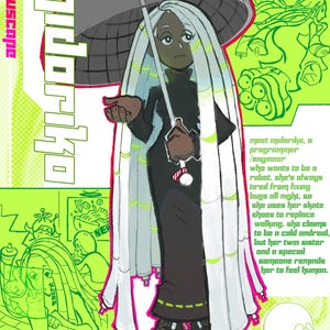 Puede incluir: Una ilustraci&oacute;n digital de un personaje llamado Midoriko, una programadora/ingeniera que quiere ser un robot. Lleva un atuendo negro con un paraguas blanco y cabello largo y blanco. El fondo es verde y amarillo con texto que dice "Conoce a Midoriko, una programadora/ingeniera que quiere ser un robot. Siempre est&aacute; cansada de arreglar errores toda la noche, por lo que usa sus patines para reemplazar el caminar. Ella afirma ser un androide fr&iacute;o, pero su hermana gemela y alguien especial le recuerdan que se sienta humana."