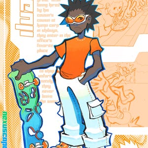 Puede incluir: Una ilustraci&oacute;n de dibujos animados de una persona que lleva una camisa naranja brillante, pantalones vaqueros azules claros y zapatillas blancas. La persona sostiene una tabla de skate azul y verde. El fondo es de color naranja brillante y amarillo con un patr&oacute;n de cuadrados y c&iacute;rculos.