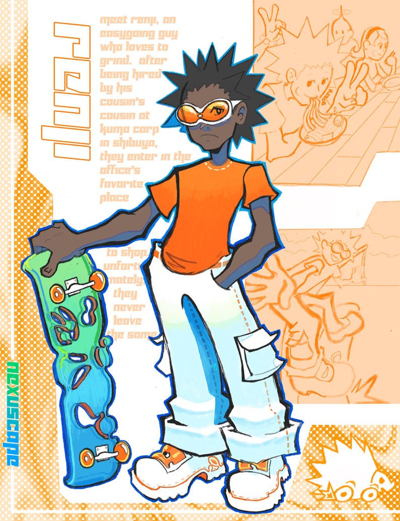 Puede incluir: Una ilustraci&oacute;n de dibujos animados de una persona que lleva una camisa naranja brillante, pantalones vaqueros azules claros y zapatillas blancas. La persona sostiene una tabla de skate azul y verde. El fondo es de color naranja brillante y amarillo con un patr&oacute;n de cuadrados y c&iacute;rculos.