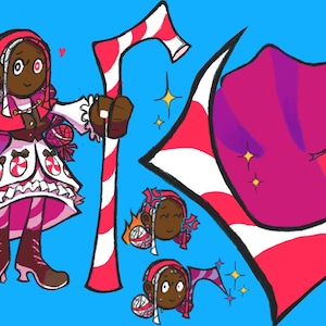 Puede incluir: Una ilustraci&oacute;n de dibujos animados de un personaje con un bast&oacute;n de caramelo y un vestido rosa y blanco. El personaje lleva un sombrero a rayas rojo y blanco y tiene piel morena. El fondo es azul con estrellas blancas.