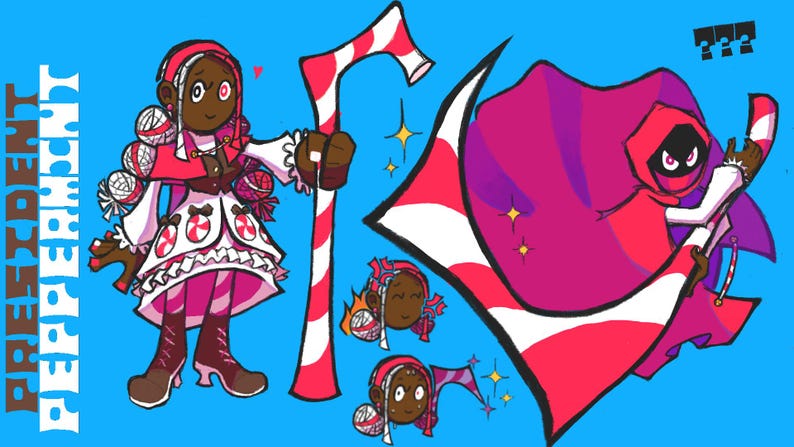 Puede incluir: Una ilustraci&oacute;n de dibujos animados de un personaje con un bast&oacute;n de caramelo y un vestido rosa y blanco. El personaje lleva un sombrero a rayas rojo y blanco y tiene piel morena. El fondo es azul con estrellas blancas.